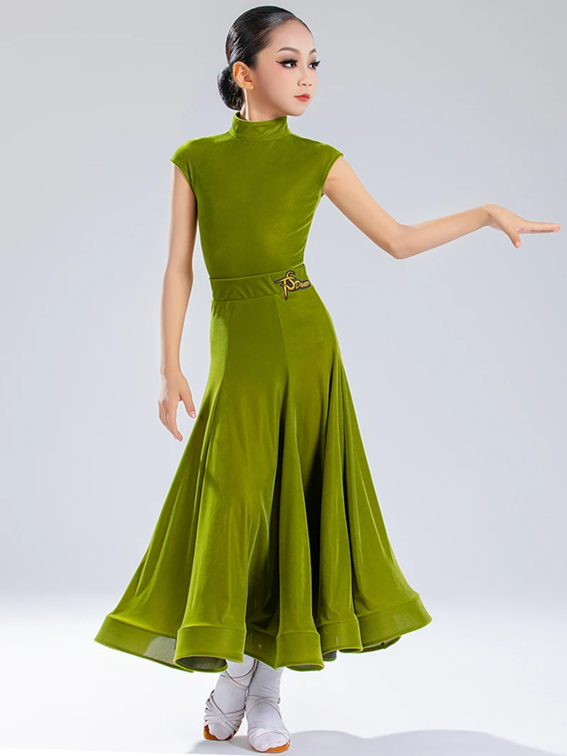Verde bambini ragazze velluto avvolto spalla manica body lisca di pesce gonna grande abbigliamento da ballo latino abiti da competizione di ballo da sala