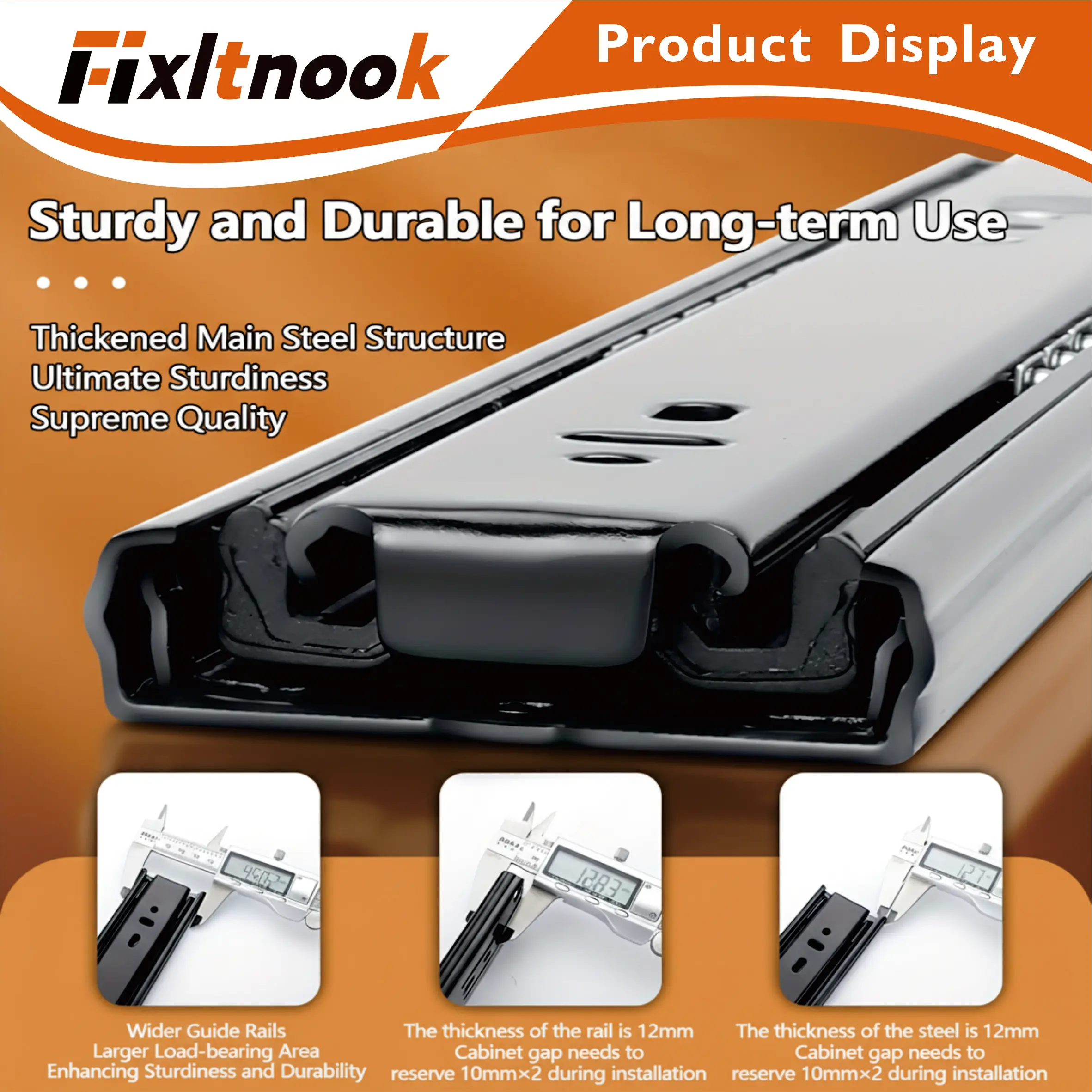 Riel deslizante de cajón cerrado suave totalmente extensible de 22 pulgadas, 1 par de rieles deslizantes de rodamiento de bolas de acero laminado en frío montados lateralmente