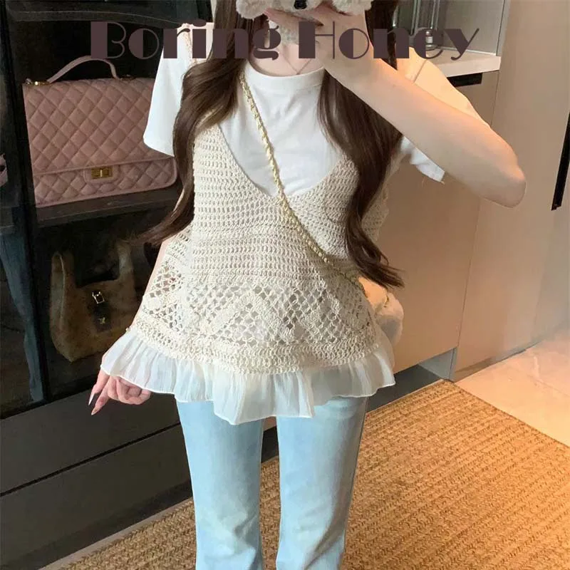 Boring Honey Bohemian Vacation Style Spliced Hollow Out Tank Top Women Summer New Slim Fit Camisole Tummy Control Sleeveless Blo