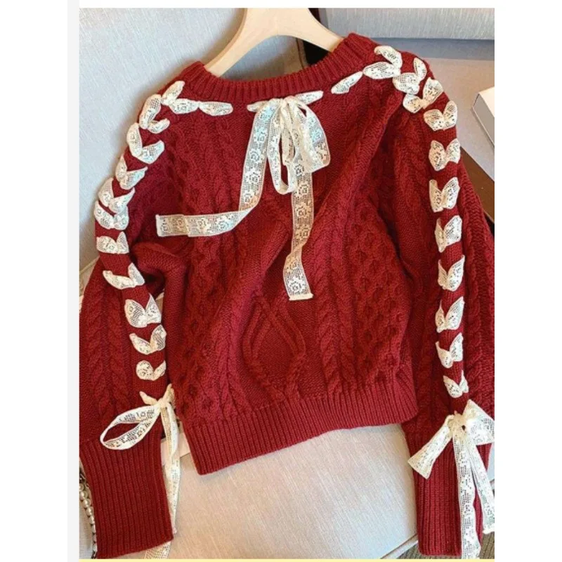 

Women's Small Thickened Chinese 2026 New Year Knitted Sweater Winter Pullovers New Year's Atmosphere Red Bow Lace Twist Sweater