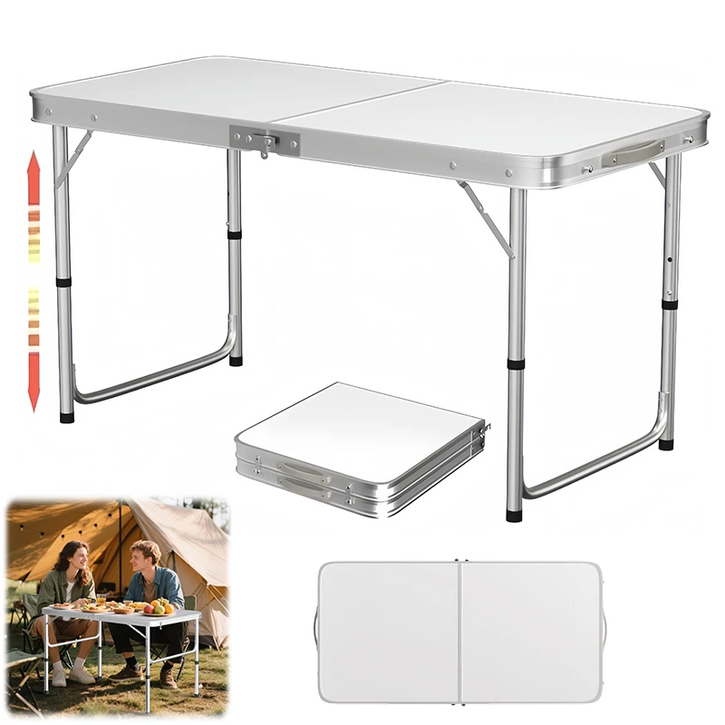 120cm Klapptisch 4 Fuß, Campingtisch 3 Höhen Verstellbar, Leichte Portable Aluminiumbeine, Picknicktisch mit Tragegriff für Garten Strand BBQ Angeln