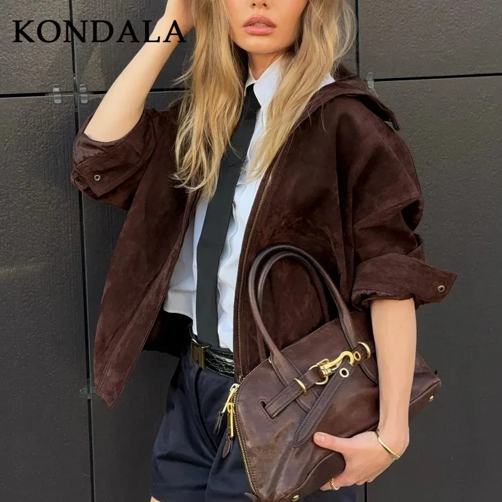 

KONDALA 2025 Fall Winter Brown Suede Vintage Women Jackets Fashion Elegant Turtleneck Spliced Ladies Zip up Chic Jackets