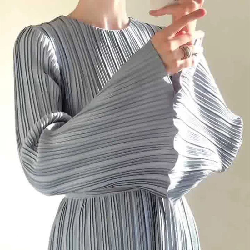 

Spring Autumn Elegant Pleated Women's Prom Long Dress O Neck Belt Gathered Waist Solid Color Evening Party Maxi Dresses Ladies