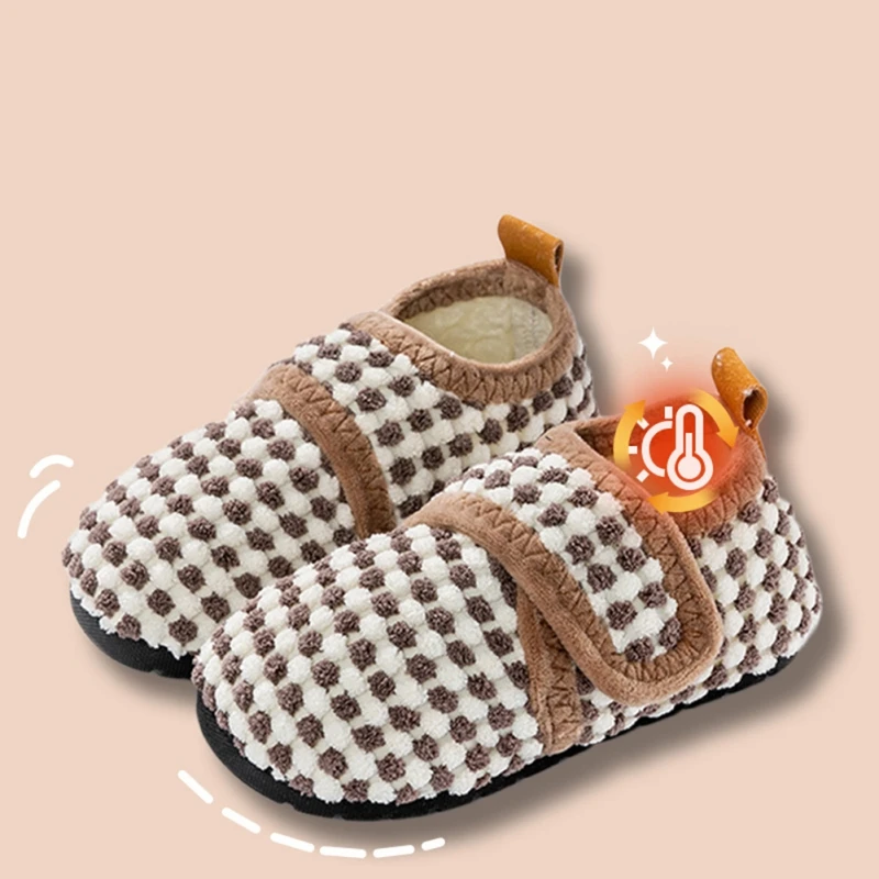 Children Boys Girls Cotton Slippers Autumn Winter Plaid Warm Kids Home Shoes Plush Floor Shoes Indoor Soft Sole Anti-slip Shoes