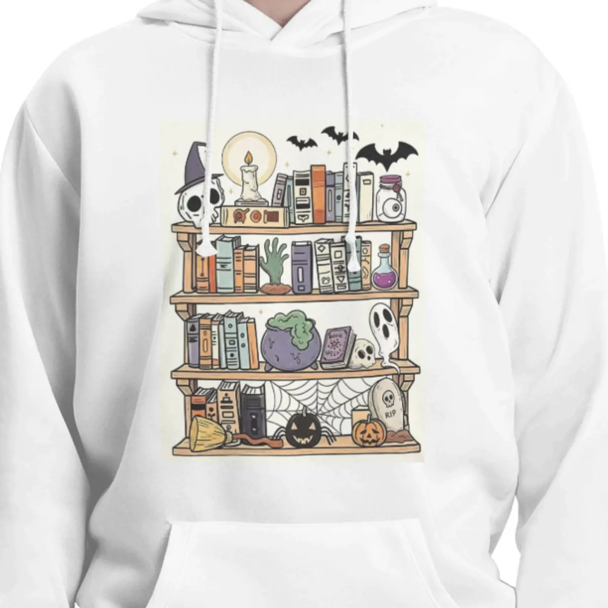 Halloween Ghost Bookshelf Library Book Hoodies Men's Women Casual Pullover Sweatshirt Fashion Long Sleeve Hooded Autumn Winter