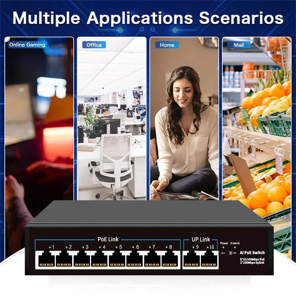 Huitenda POE Switch AI Smart Ethernet 10/100/1000Mbps VLAN Switch IEEE802.3AF/AT UP to 250m for IP Camera/ Wireless AP/Router