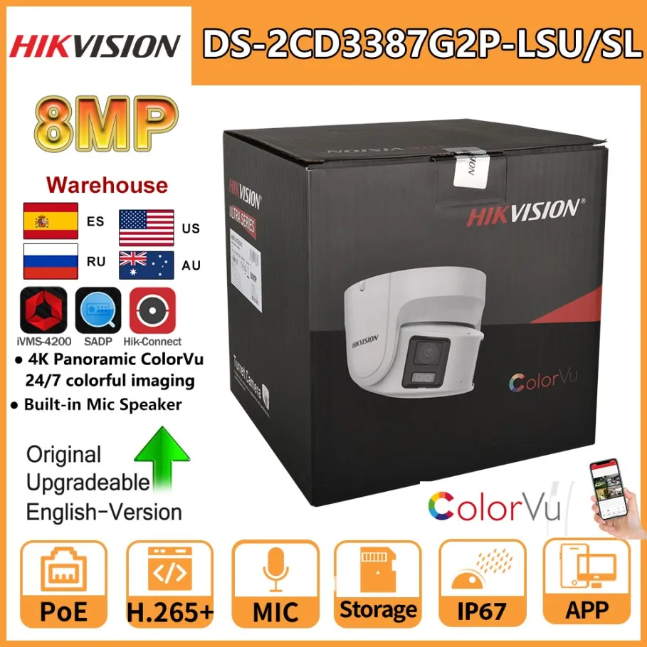 

Hikvision 8MP Panoramic ColorVu Turret IP Camera DS-2CD3387G2P-LSU/SL 4K Security Double Lens Color Night Built-in Mic Speaker