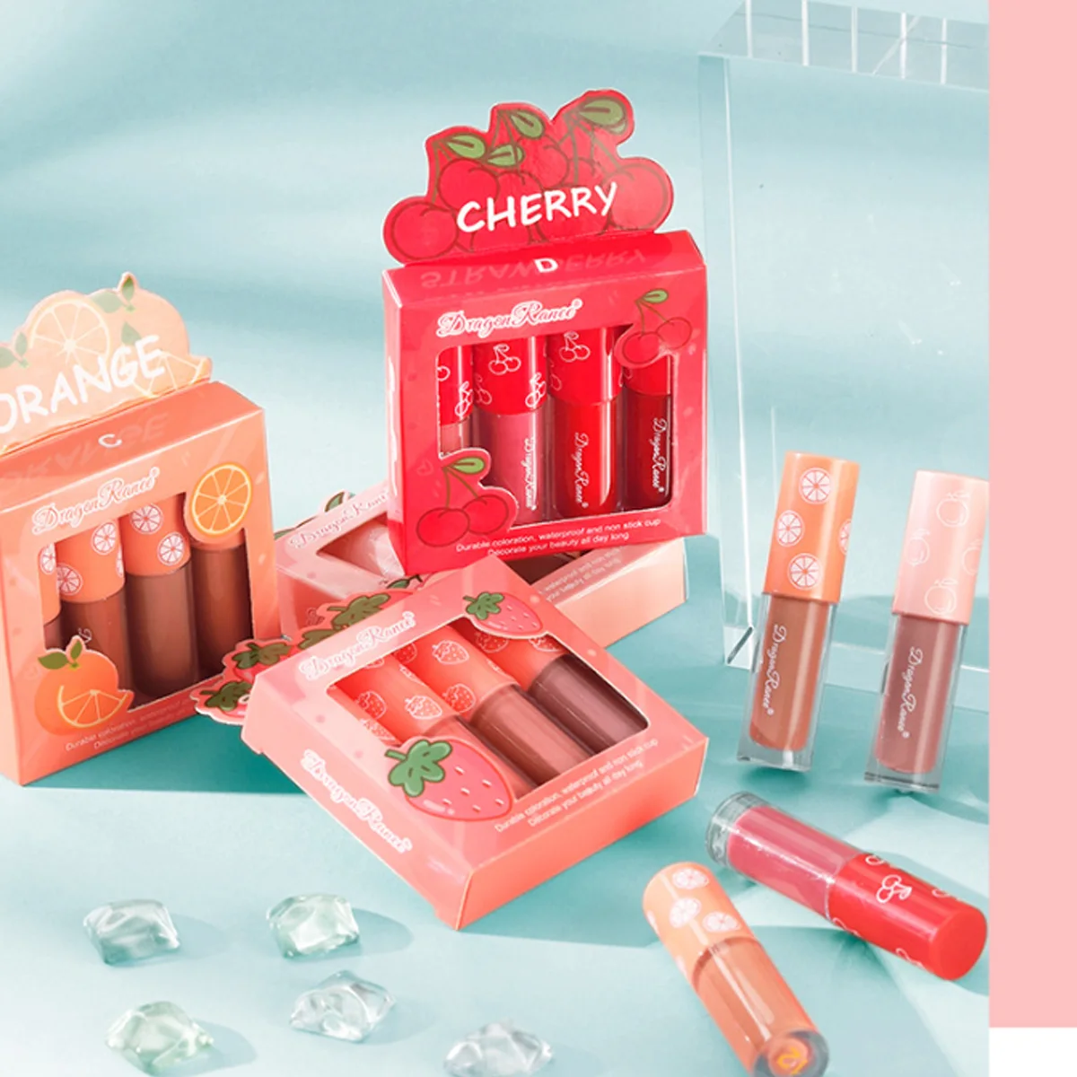 Velvet Matte Lip Gloss Set Non Fading And Non Stick Cup Fruit Makeup Lip Gloss Four Mini Set Box Colorful Exquisite Gifts