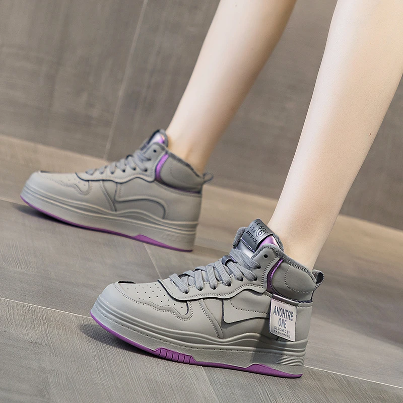 Women High Top Genuine Leather White Sneakers 2026 Autumn Winter New Hot Korean Versatile Fleece Lined Thick Platform Casual Spo
