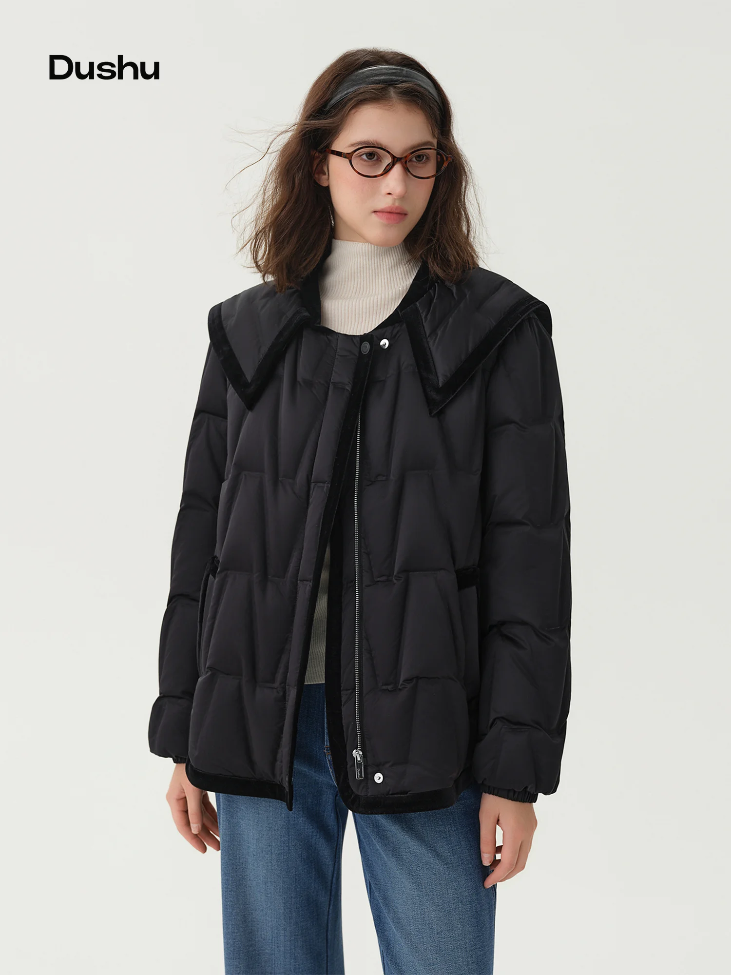 DUSHU Retro-style Sailor Collar 90% White Duck Down Jacket Warm Thick Winter Coat Leisure Black Daily Velvet Color Blocking