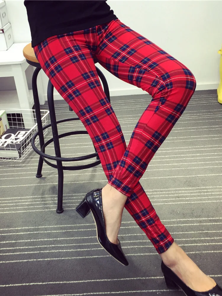 YSDNCHI Push Up Leggings Workout Trousers Women Plaid Print Fashion Polyester Elastic Waist Jeggings Fitness Pencil Pants