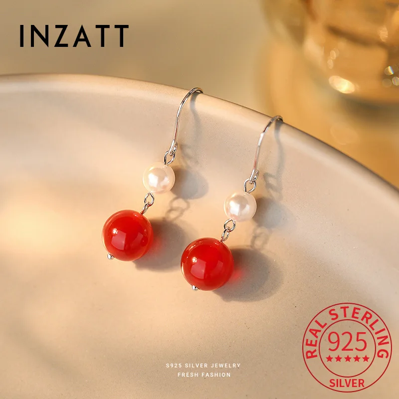 

INZATT Real 925 Sterling Silver Agate Red Glass Beads Pearl Drop Earrings for Women Cute Fine Jewelry Light Luxury Accessories
