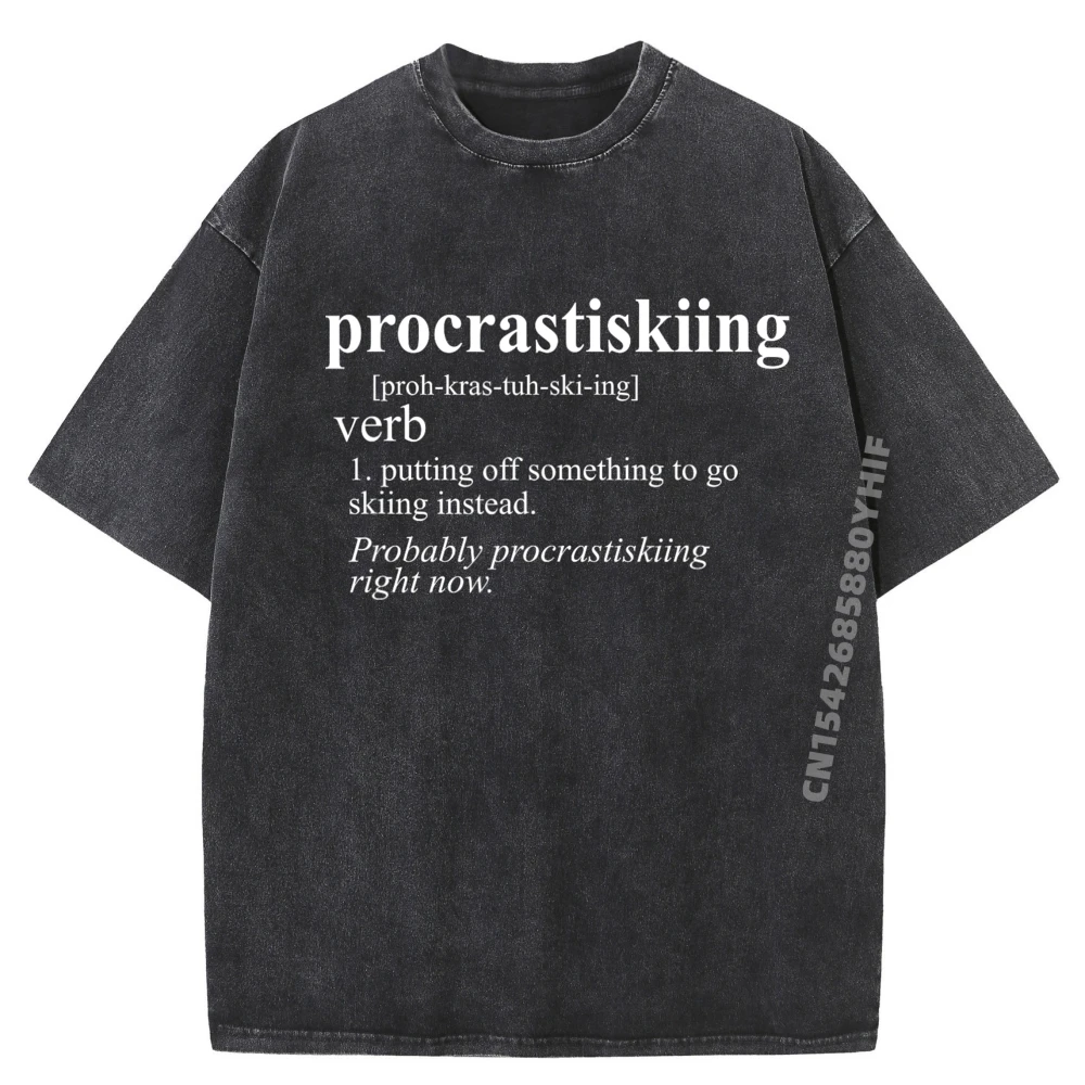 

Gifts For Skiers Procrastiskiing Funny Skiing Blank T Shirt 100% Cotton Washed Short Sleeve T-Shirt Men Vegan