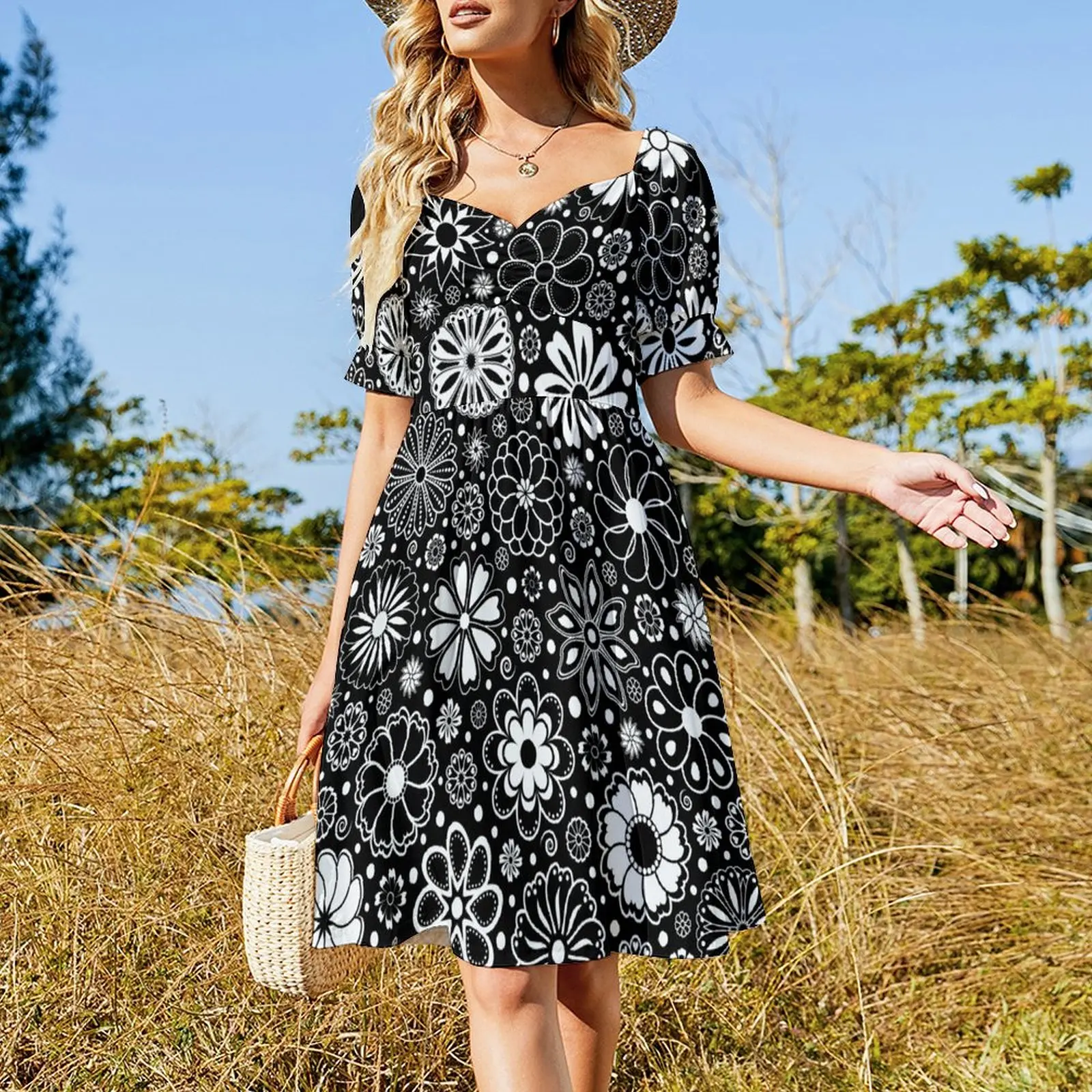 Black and White Floral Print - Cute Flowers // Version 2 // Short Sleeved Dress women's clothing trend 2025 Dress