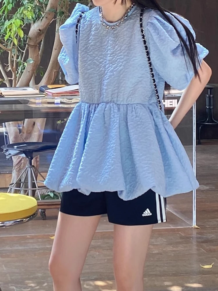 

Gagarich Gentle Style Texture Princess Sleeve Shirt Women Summer New Style Youthful Temperament Splicing Ruffle Edge Top