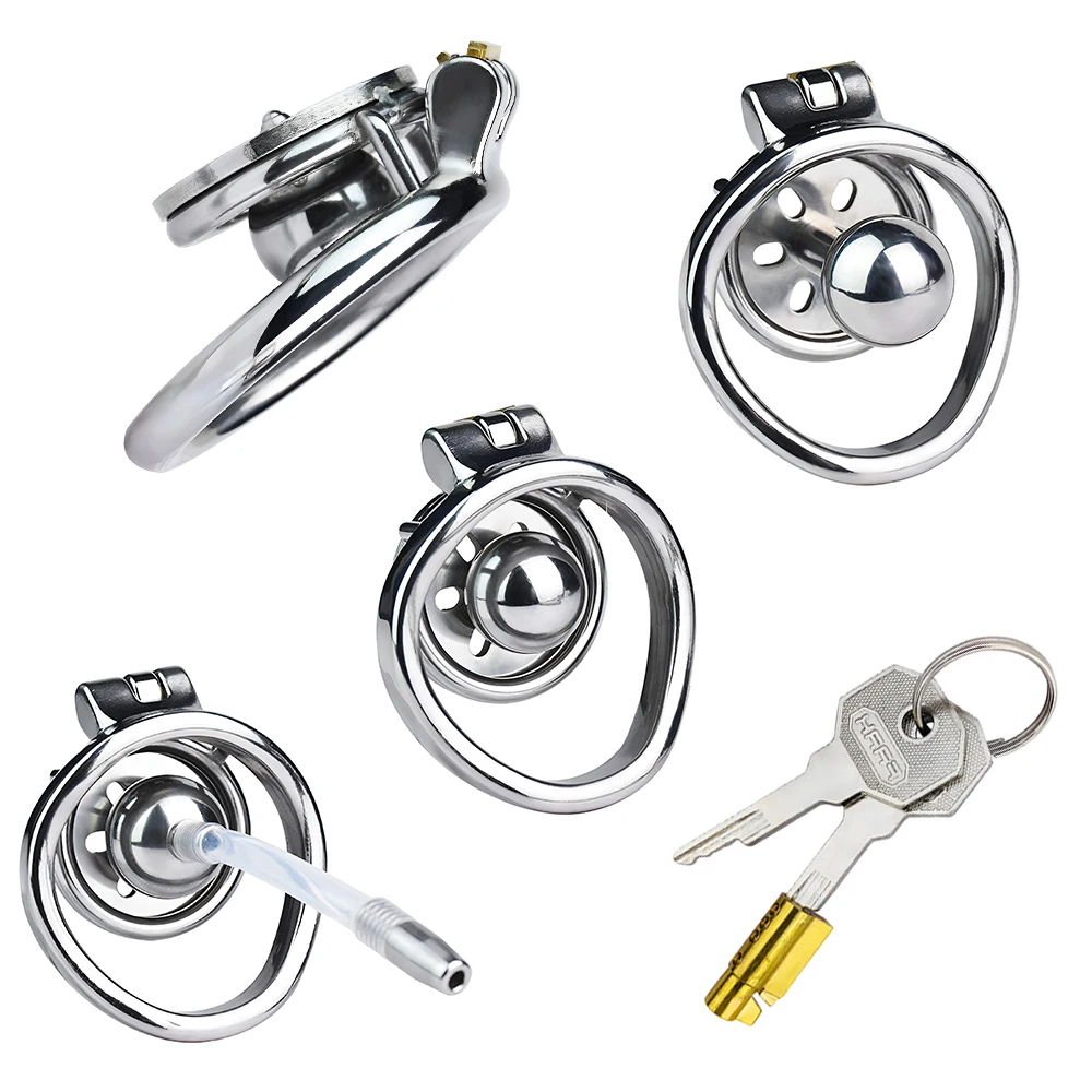 FRKO Flat Inverted Chastity Cage For Sissy Male With Protaste Massager Ball Urethral Catheter Lock Cock Ring Men Ship From USA