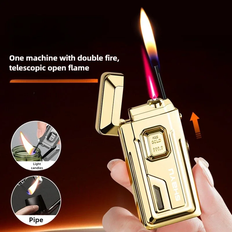 

2024 New 2421 Retractable Dual-Flame Lighter, Transparent Gas Tank & Silent USB Ignition for Cigar BBQ Camping Refillable