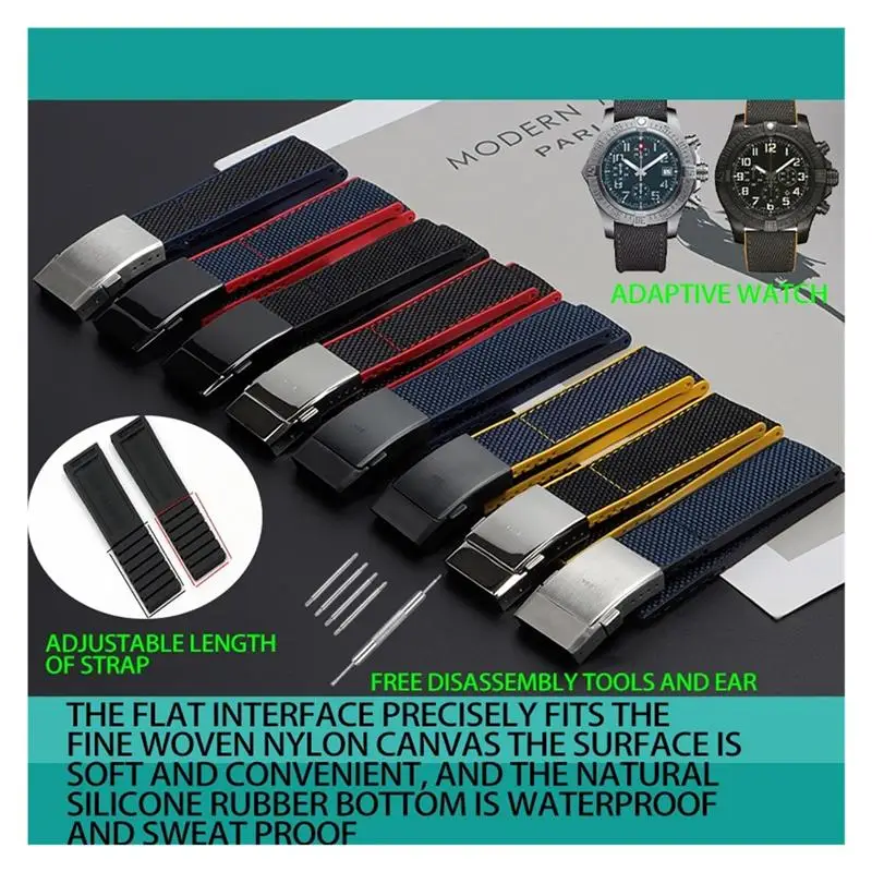 HAODEE 22mm Nylon Rubber Watch band For Breitling Strap NAVITIMER WORLD Avenger navitimer bracelet