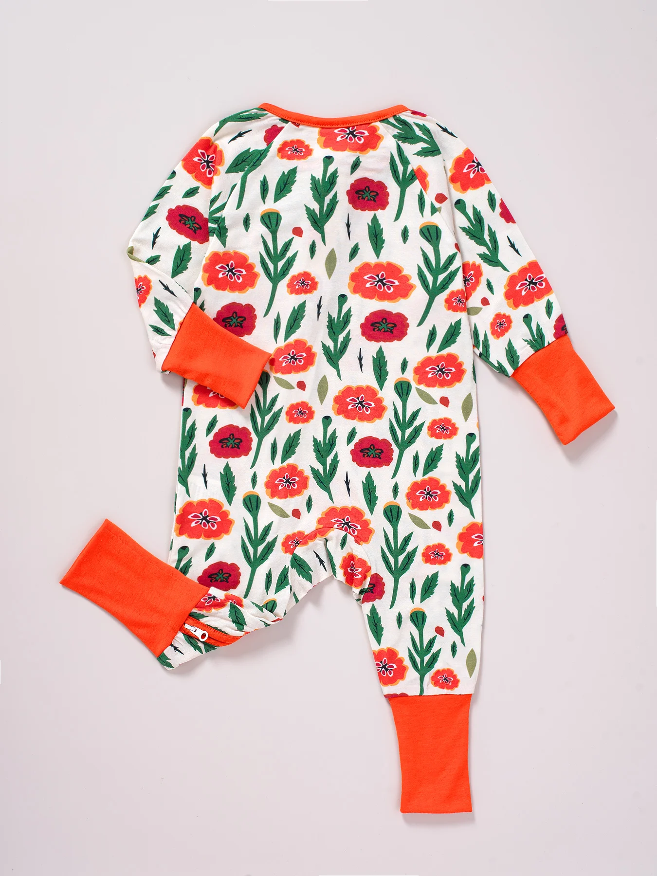 Baby Girls Bamboo Fabric Flower Print Long Sleeve Onesies, Convertible Foot Cover Zipper Onesies