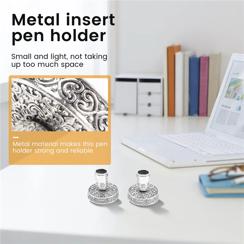 

Practical-2 Pieces Vintage Round Metal Feather Pen Holder Insertion Pen Holder Feather Quill Pen Stand Desktop Dip Pens Base