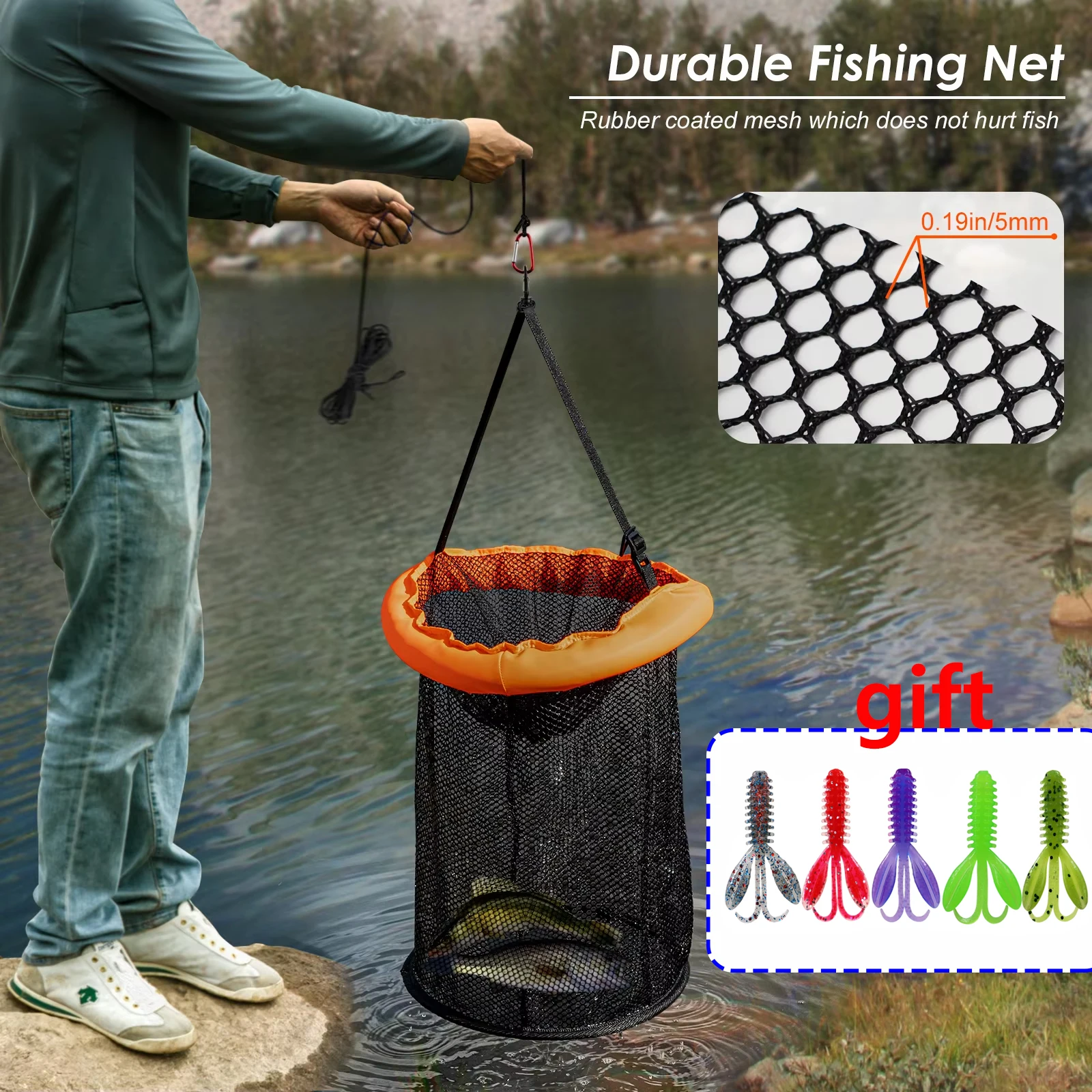 THKFISH Fish Shrimp Basket Portable Fishing Bucket Quick Dry Mesh Storage Bag Fishing Net Anti-jump Net Lobster Pocket