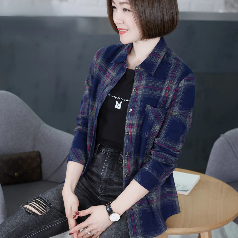 

Vintage Plaid Shirts Women Autumn Long Sleeve Oversize Button Up Shirt Korean Fashion Casual Fall Outwear Tops Loose Tops A628