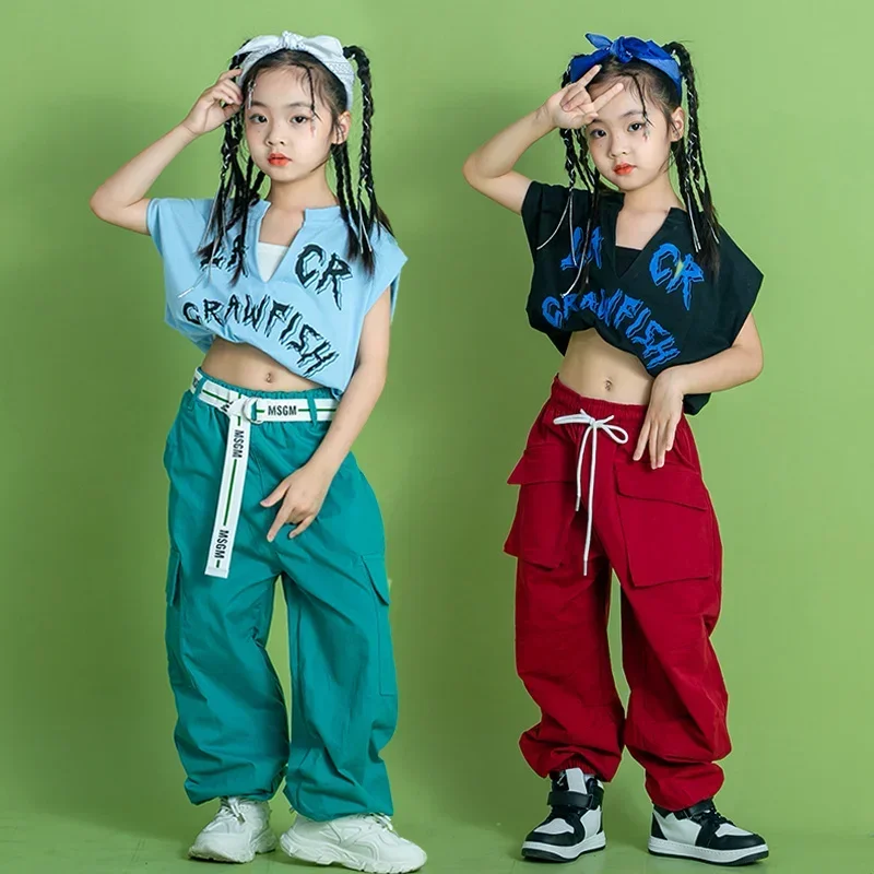 Pakaian dansa hip-hop anak-anak, kostum tari jazz pusar terbuka untuk bocah perempuan