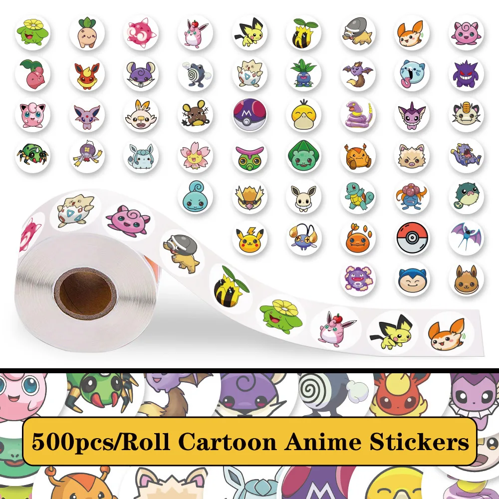 Cartoon 500pcs/Roll Pokemones Stickers Kawaii Anime Eevee Laptop Guitar Decals Decoration Sticker Children Reward Toy Girl Gift