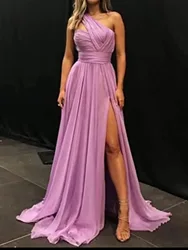 Customized One Shoulder Wedding Party Dresses Split Slim Waist Hollow Out Prom Dress Long Pleated Chiffon Evening Vestidos Forma