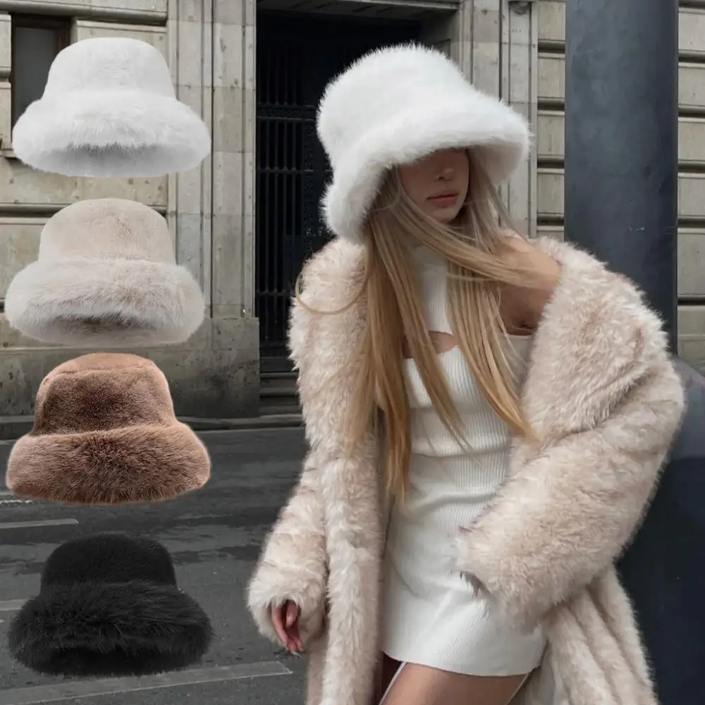 

Fluffy Fur Bucket Hat For Women Soft Fluffy Fisherman Hat Thicken Ear Protection Women's Winter Hat Cold Snowy Day Panama Cap