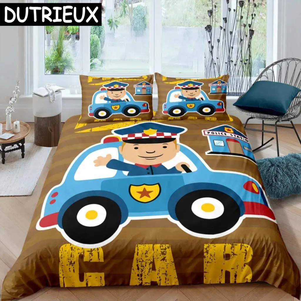 

Police Car King Queen Duvet Cover Cartoon Car Bedding Set Kids Boys Blue Grey Emergency Responder Vehicles Polyester Quilt Cover