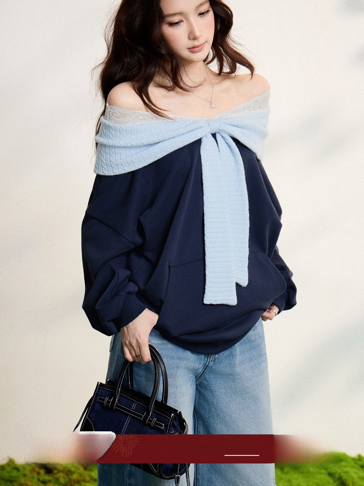 

Xiebu Rou Lace Trim Color Blo Knot One oulder Sweatirt Women Spring Casual Loose Top Hoodl Long Sve