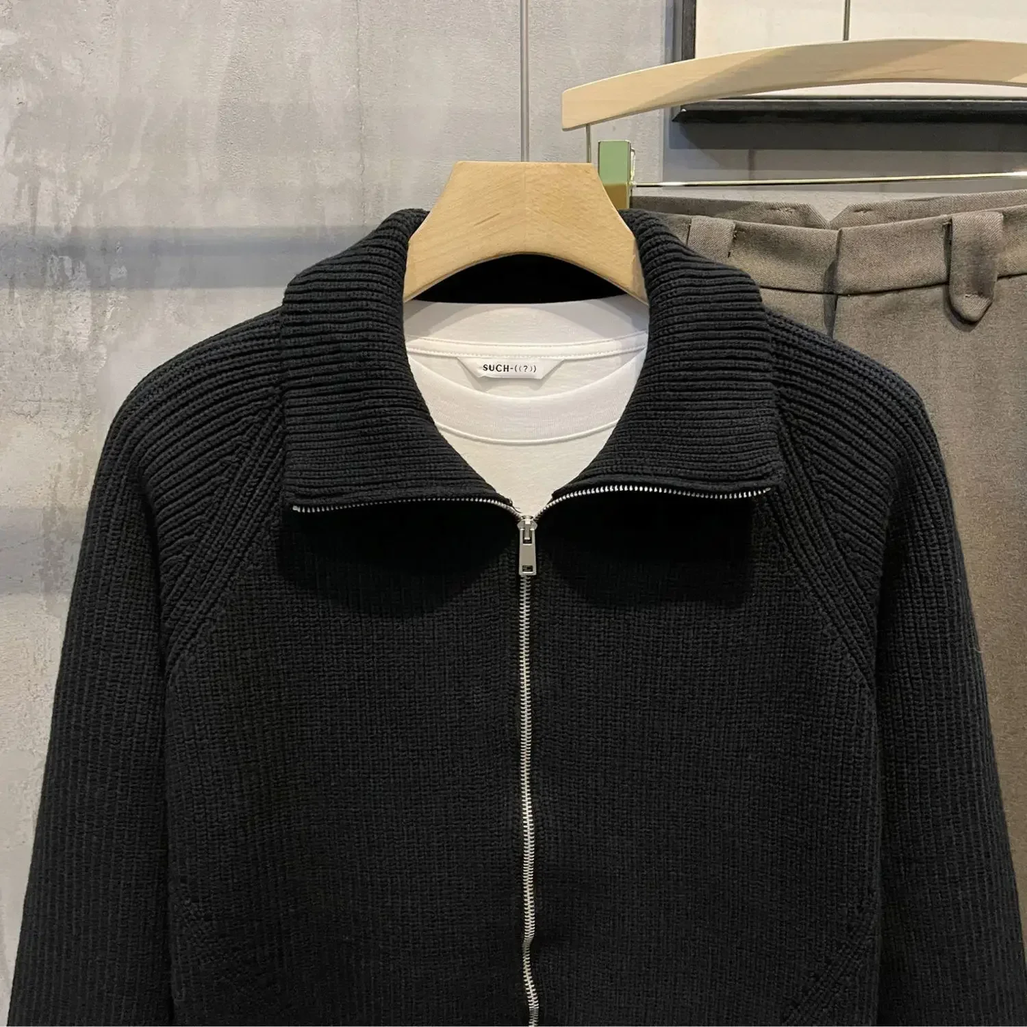 Men\'s Clothing Zip-up Jacket Knit Sweater Male Zipper Plain Green Solid Color Cardigan with Pockets Coat 2025 Trend Loose Fit V