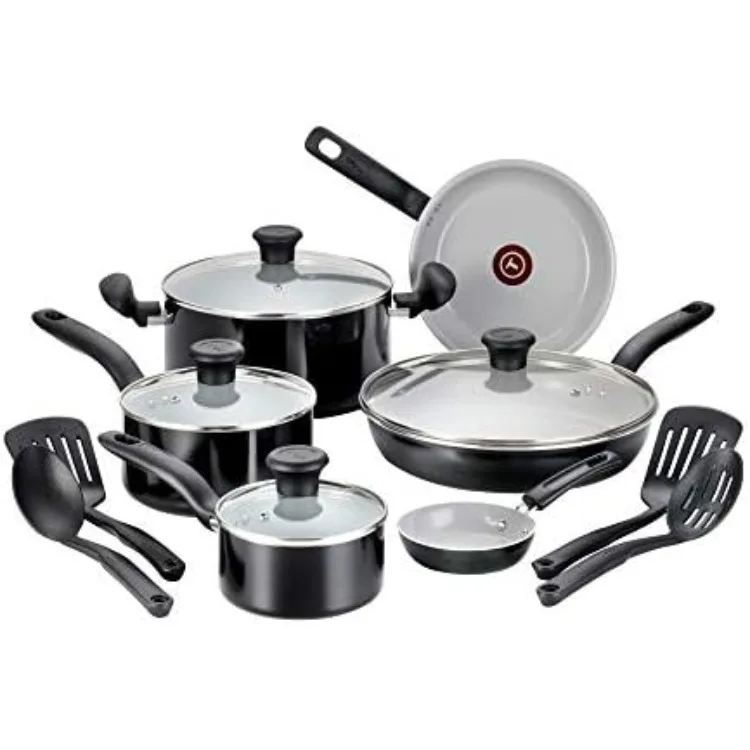 Initiatives Ceramic Non Stick Cookware Set 14 Piece, Oven Broiler Safe 350F, Kitchen Cooking Set W/Fry Pans, Saucepans,