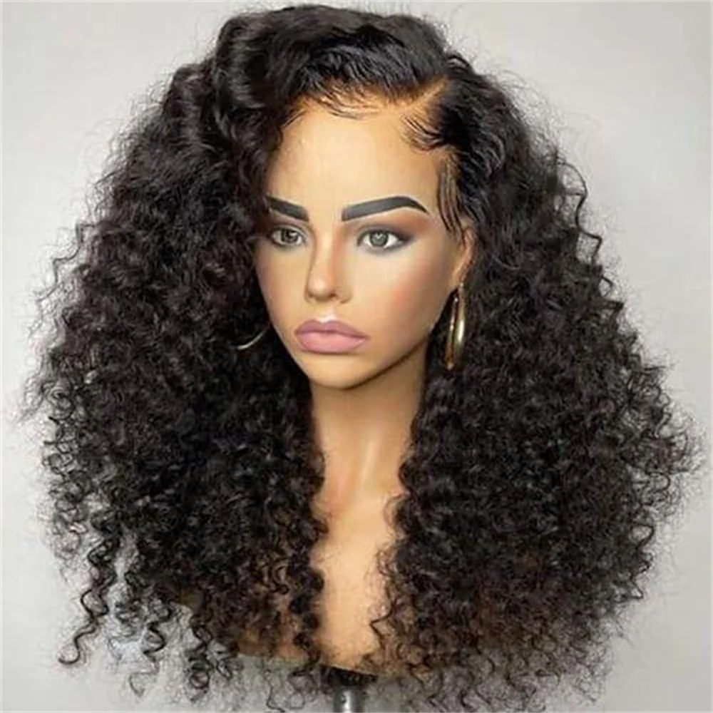 Peruca dianteira do laço longo Kinky Curly para mulheres, preto natural, cabelo do bebê, pré-arrancado, resistente ao calor, sem cola, diariamente, 180 densidade, 26"