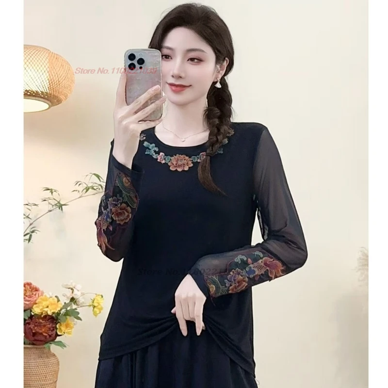 

2025 chinese vintage shirt national flower embroidery mesh sleeve o-neck shirt traditional hanfu tops ethnic retro base shirt
