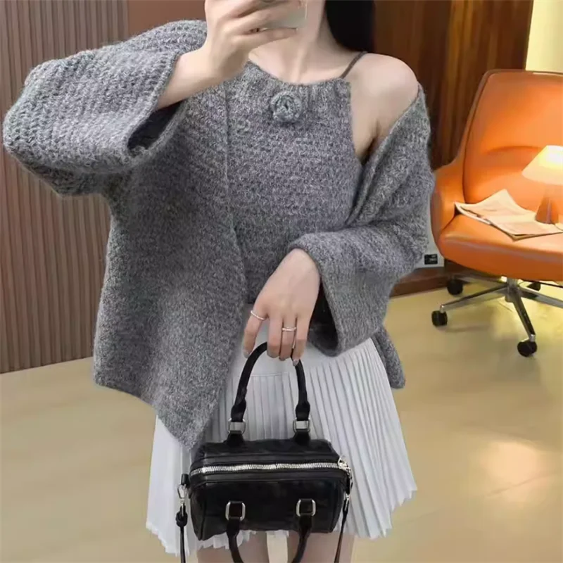 Women 2026 New Spring Lazy Style Sweater 2 Pieces Knitted Flower Vest Camis Top&Long Sleeve Cardigan Shawl Grey Beige Knitwear