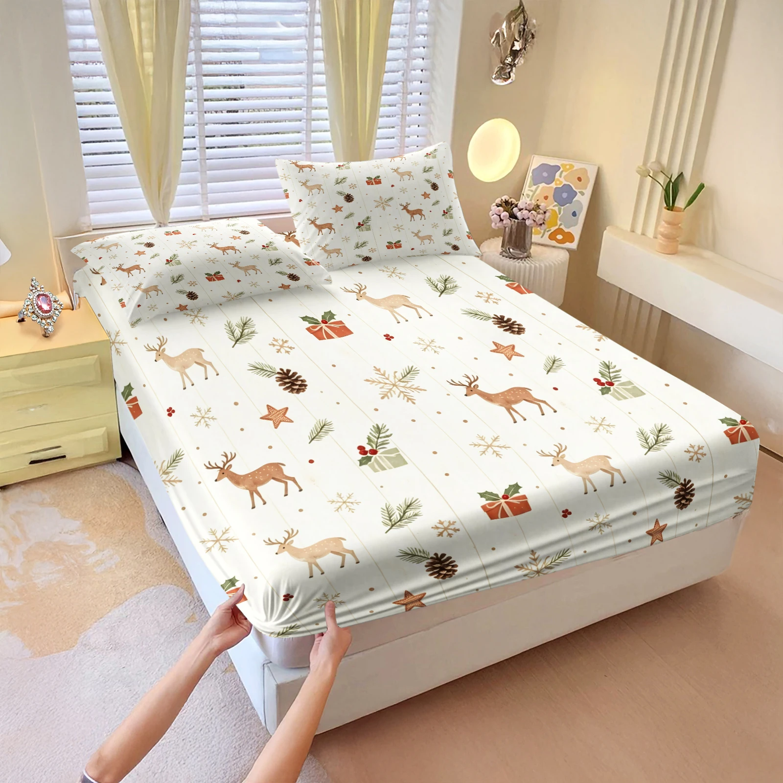 Xmas Deer Pine Cone Fitted Sheet Set Christmas Snowflake Gift Printed Mattress Cover with Pillowcases Soft New Year Fitted Sheet