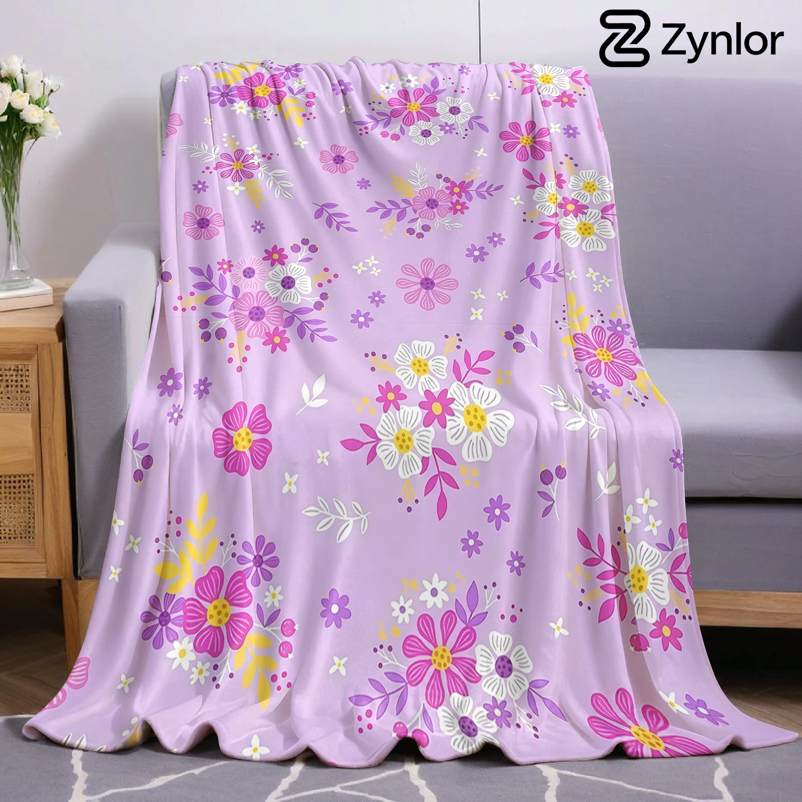 Lilac Mixed Floral Lightweight Microfiber Soft Christmas Fleece Blanket Warm Cozy Throw for Bed Sofa Office Travel All Season