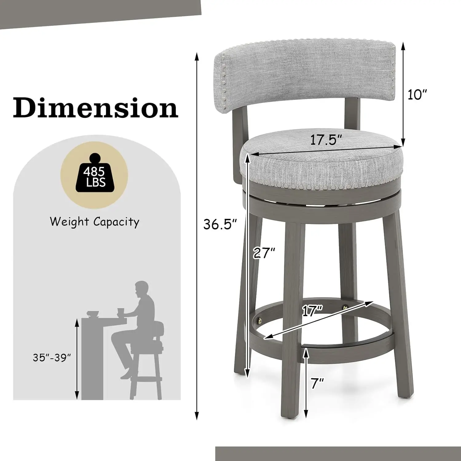 Tabouret de bar, 27 pouces, tabouret de bar à percussion à 360 ° avec dossier et siège en solution, pieds et repose-pieds en bois de caoutchouc massif, comptoir de la ferme