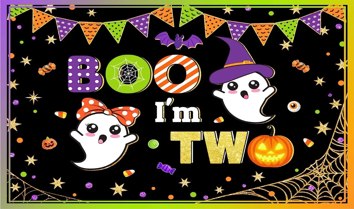 Halloween Happy 2nd Birthday Party Backdrop for Boys Girls Kids Hallowmas Little Boo I'm Two Theme Bday Decoration Banner