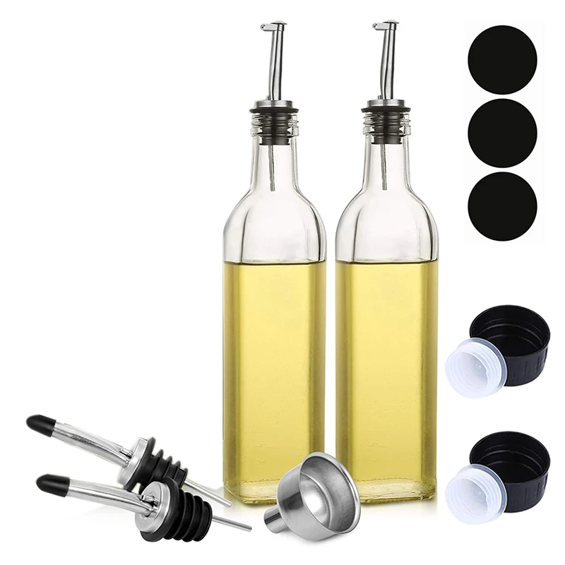 

500Ml Clear Oil And Vinegar Bottle With Pouring Funnel And Label-Olive Oil Carafe Decanter For Kitchen