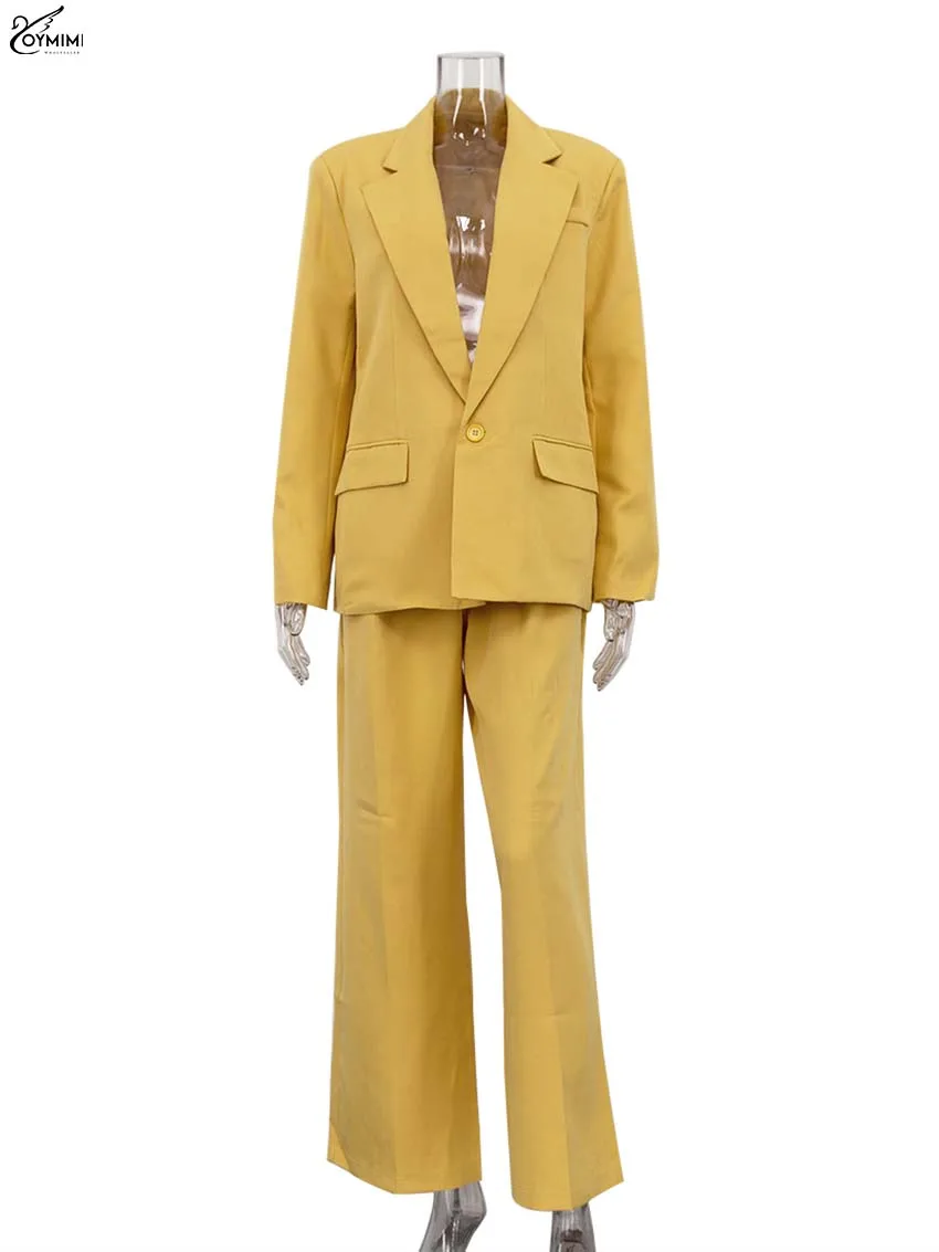 Oymimi Elegant Yellow Sets Womens 2 Piece Fashion Long Sleeve Pockets Single Button Blazers And Simple Straight Trousers Sets