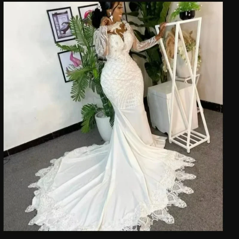 

Customized High Collar Shinny Beads Appliques Mermaid Wedding Dress Illusion Full Sleeves Robe De Mariée Stunning Bridal Gown