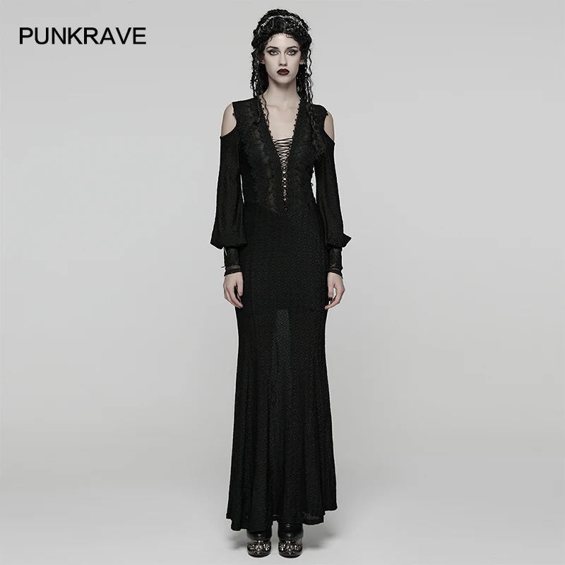 PUNK RAVE femmes élégant Goth délicat dentelle col en v cordon robe transparente charme Sexy évider Romance fête longues robes