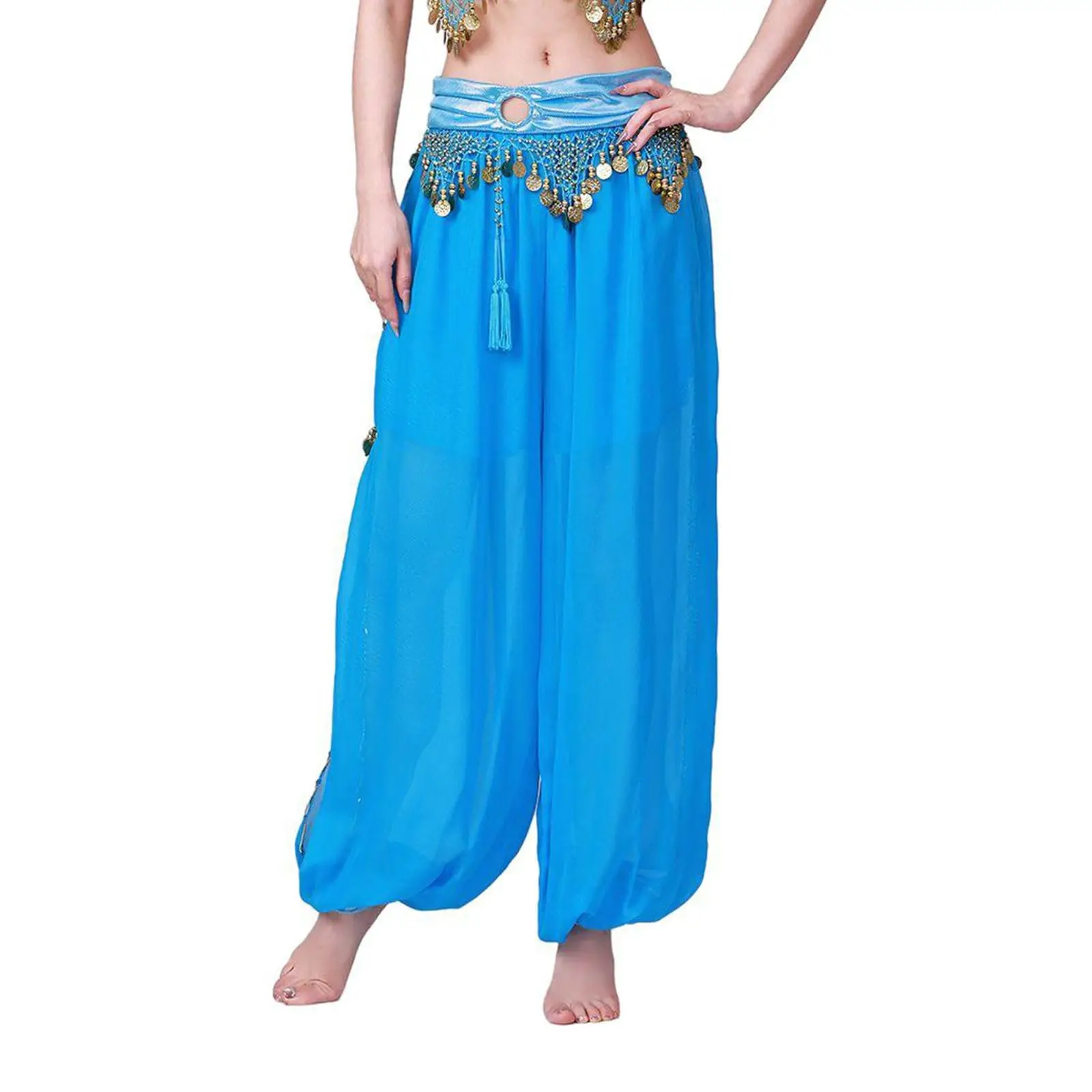 

Chiffon Belly Dance Harem Pants Women Tribal Arabic Halloween Dance Performance Trousers Gold Trim Tassels Bellydance Costume