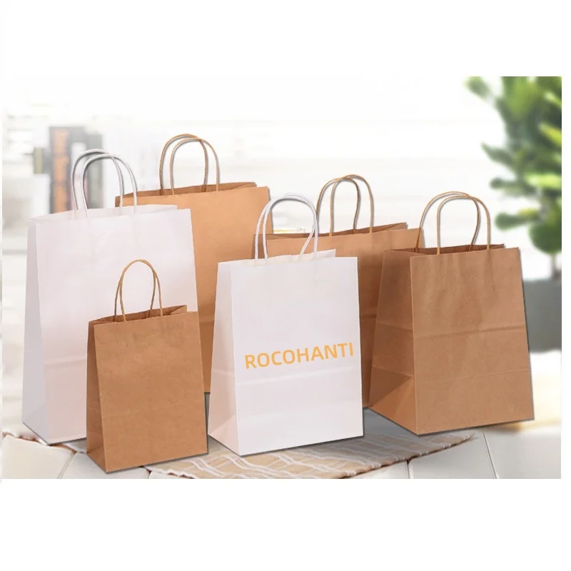 

25 шт. одноразовый бумажный пакет из крафт-бумаги с принтом логотипа, белая упаковка для переноски еды, коричневые бумажные пакеты для еды на вынос