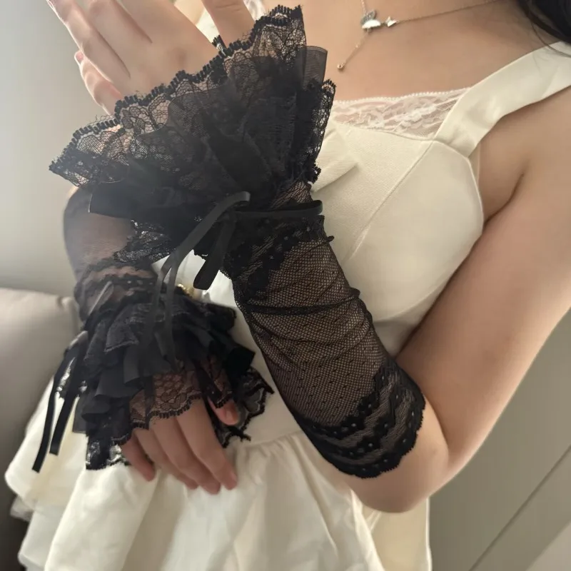 

Японские тонкие перчатки-рукава в стиле Лолита с сетчатым кружевом и бантом, оптовая продажа от производителя для трансграничной торговли
