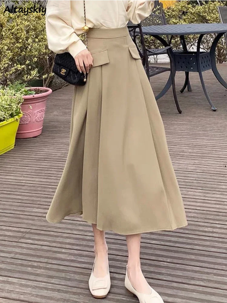 Midi Pleated Skirts Women Solid Empire Design Tender Ladies Spring Daily Casual Юбка Женская Korean Style Minimalist All-match