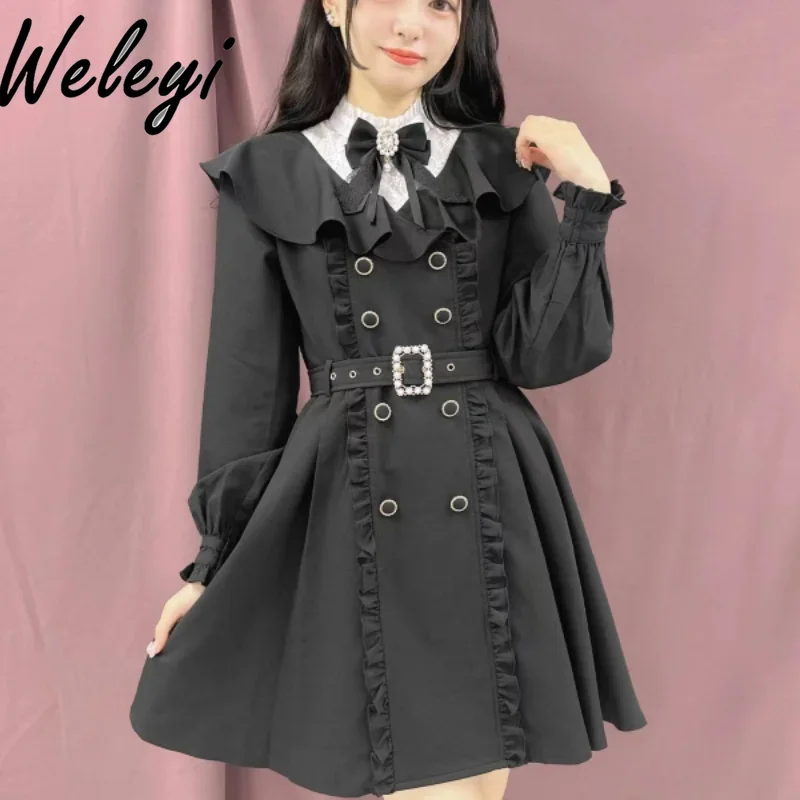 Autumn Japanese Jirai Kei Black Bow Dress Women Sweet Mine Massed Produced Rojita Long Sleeve Black Trench Coat Dresses Student